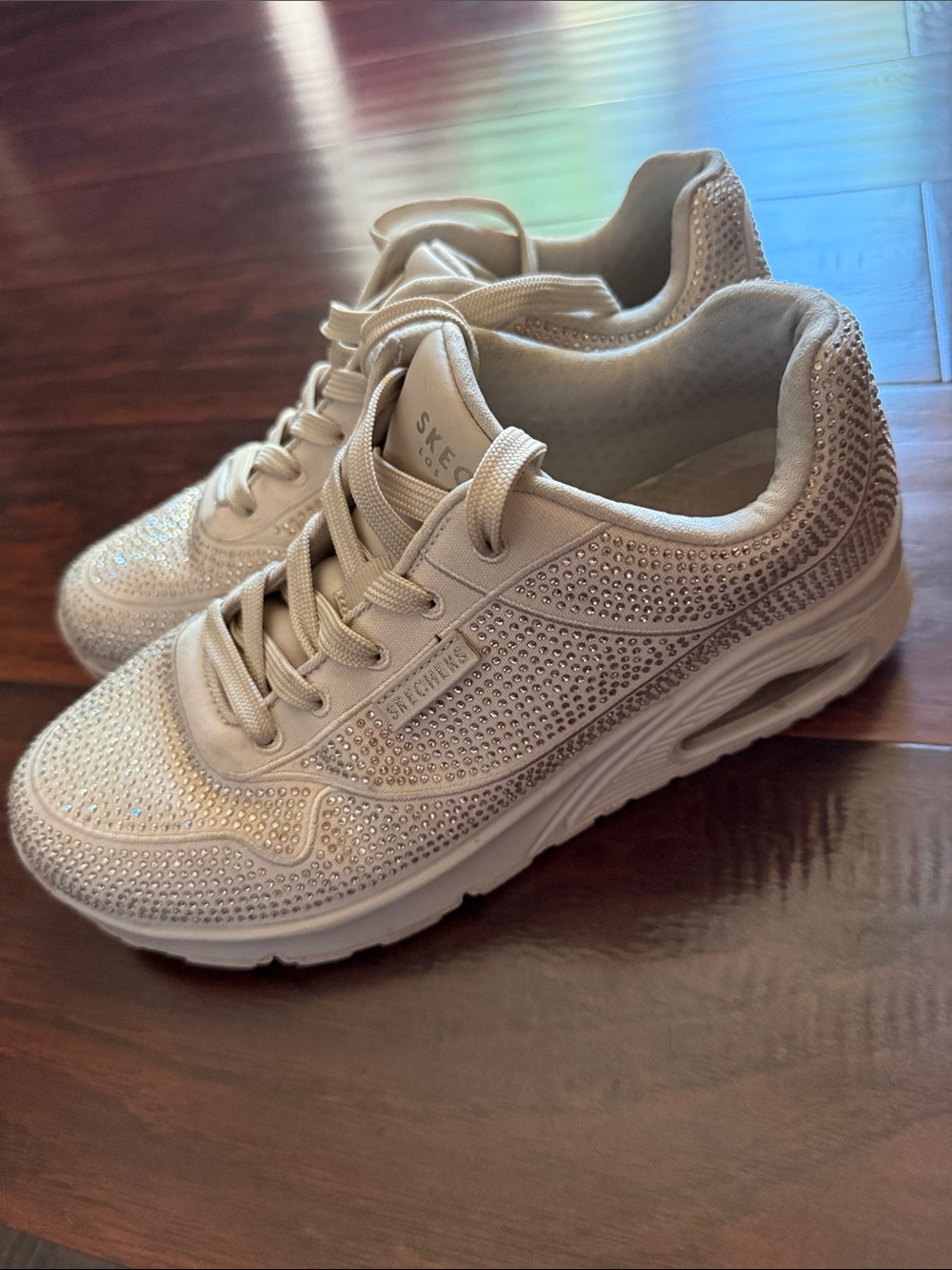 Skechers Women's Crystal-Embellished Beige Lace-Up Sneakers